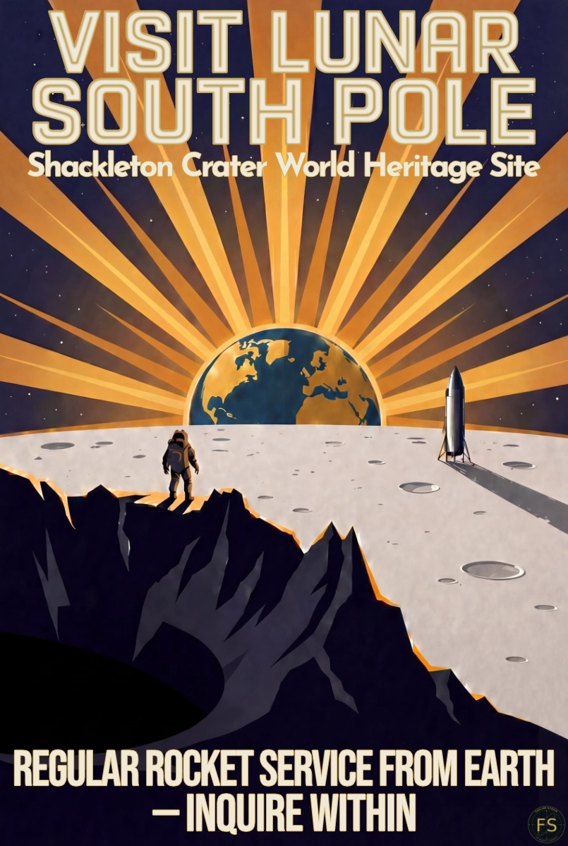 Visit Lunar South Pole — Shackleton Crater World Heritage Site poster by Farline Studio
